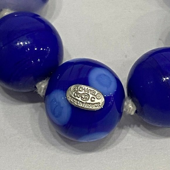 Chanel 05P Spotted Glass Bead Long Silk Ribbon Blue Necklace Logo - Picture 9 of 10